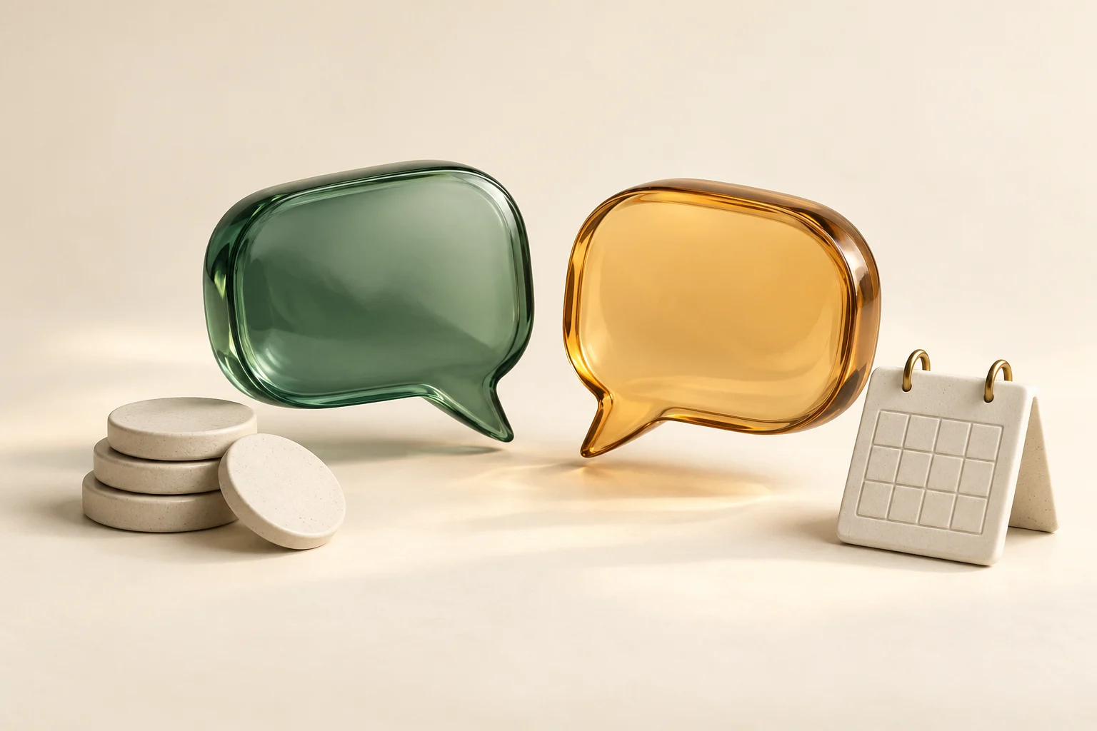 Green and amber glass speech bubbles beside ceramic coins and a calendar