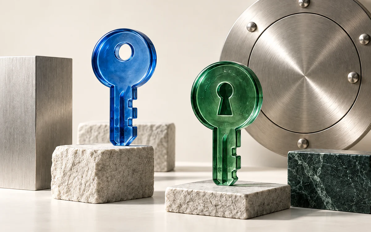 Blue and green glass keys beside a steel vault